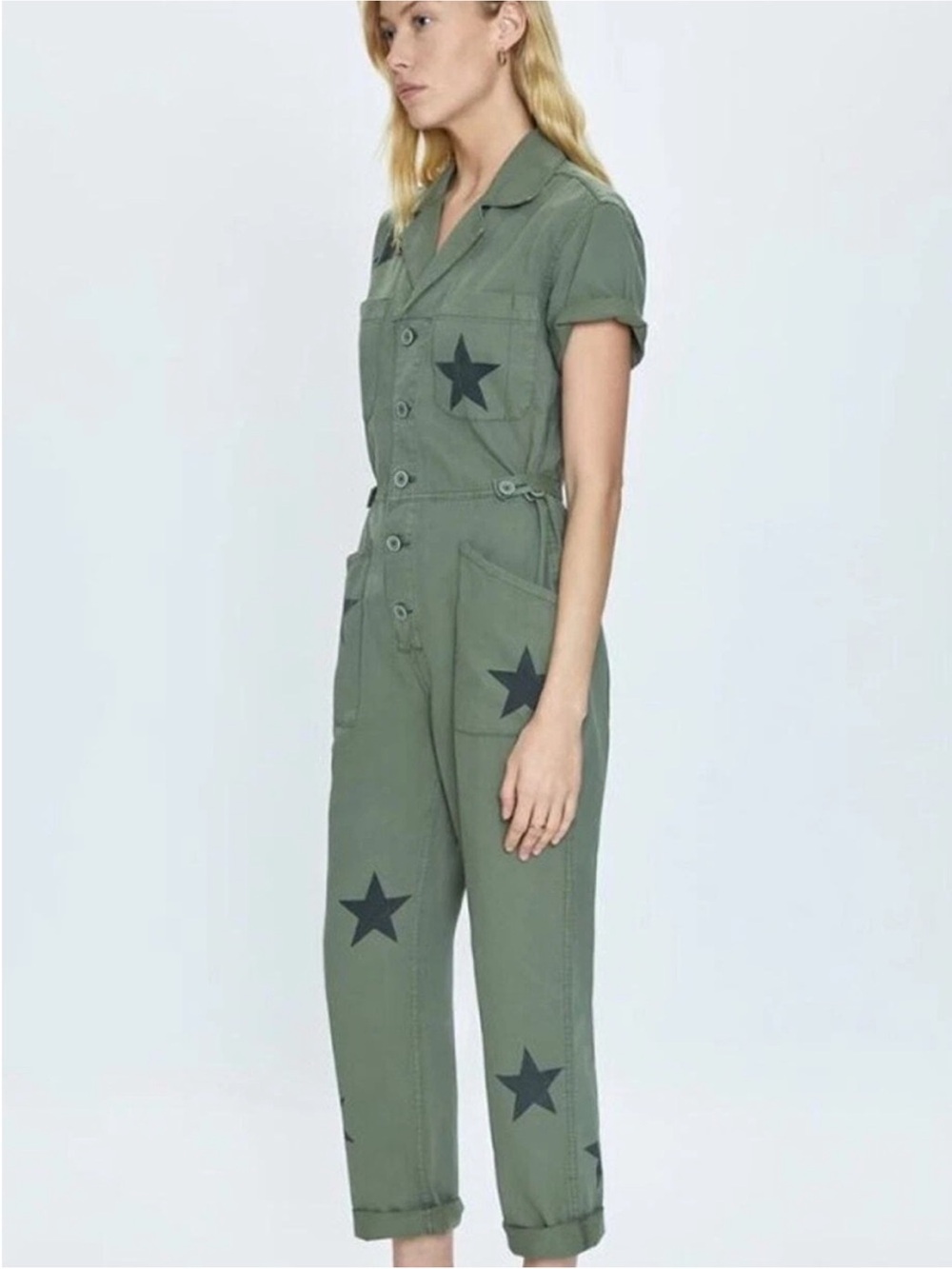 Pistola Olive Green Star-Print Short-Sleeve Utility Jumpsuit